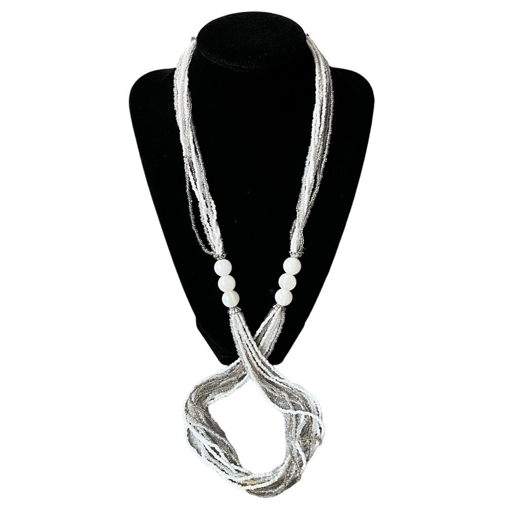 VINTAGE Flapper long Glass beaded necklace or choker White glass silver Glamour